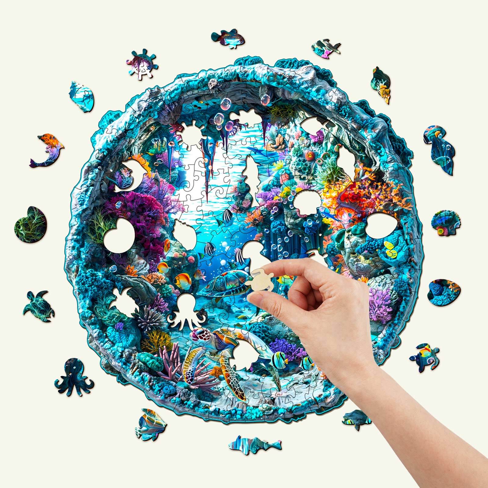 A vibrant 3D Seabed wooden jigsaw puzzle being assembled, featuring colorful marine life and intricate details.