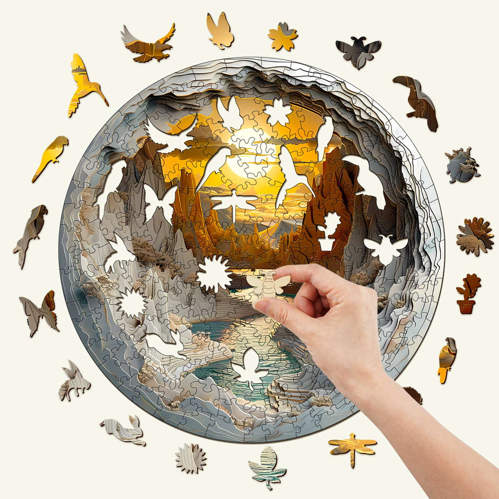 Person assembling the 3D vision inside the cave-1 wooden jigsaw puzzle with birds and cave scene.