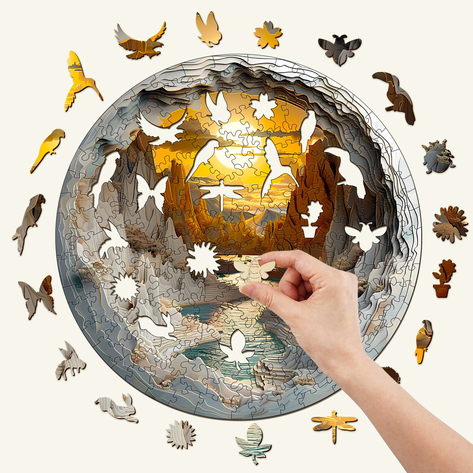 Person assembling the 3D vision inside the cave-1 wooden jigsaw puzzle with birds and cave scene.