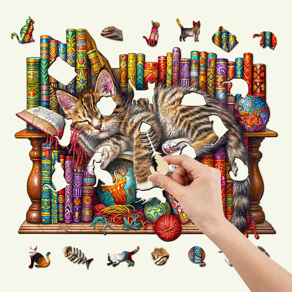 Dreamy Cat-Li wooden jigsaw puzzle with a hand placing a piece near a sleeping kitten, enhancing focus and mind skills.