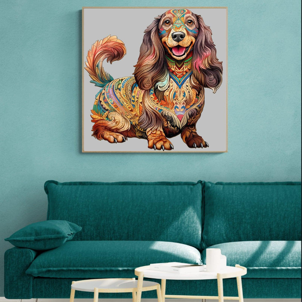 Colorful Long-haired Dachshund wooden jigsaw puzzle artwork on a wall above a teal couch.