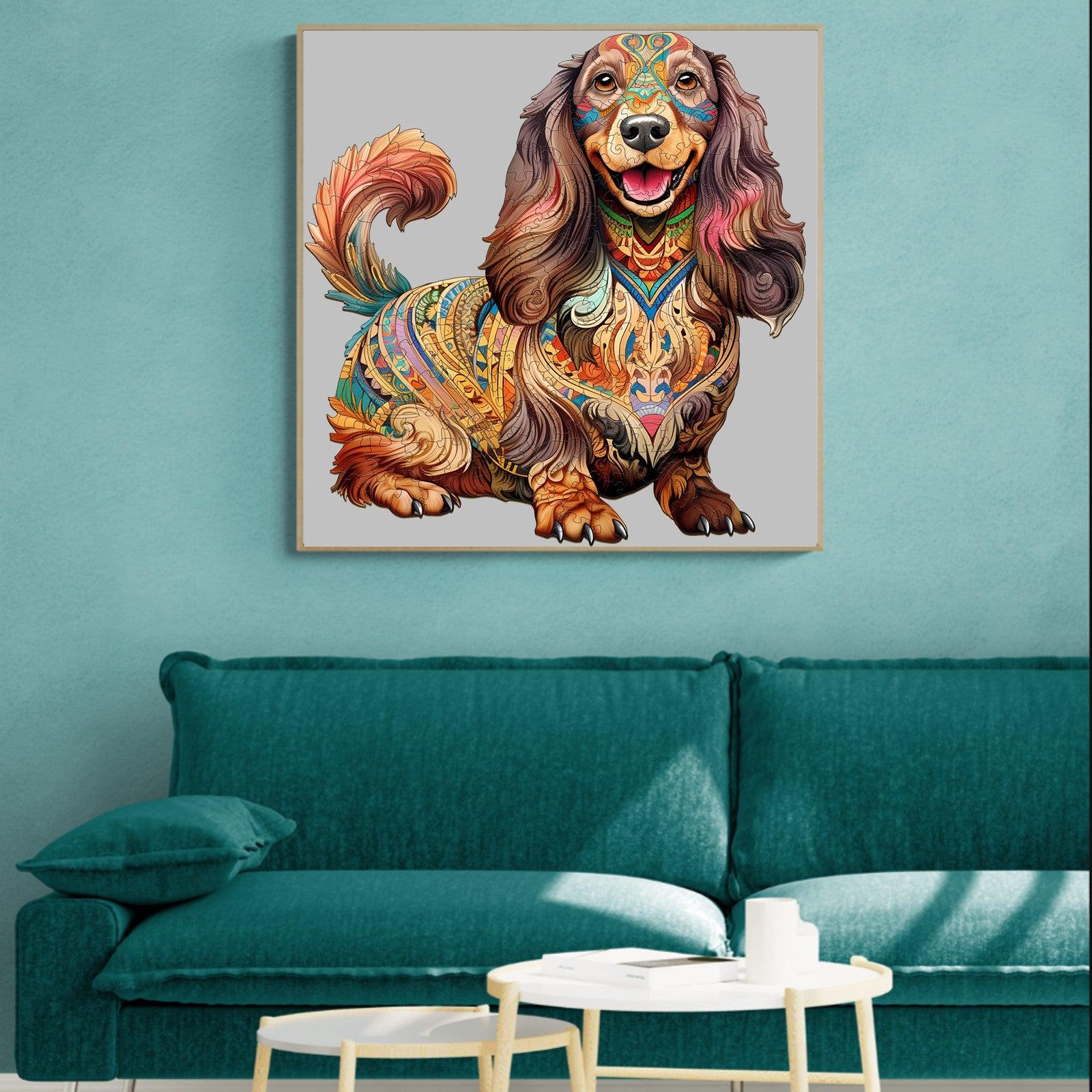 Colorful Long-haired Dachshund wooden jigsaw puzzle artwork on a wall above a teal couch.