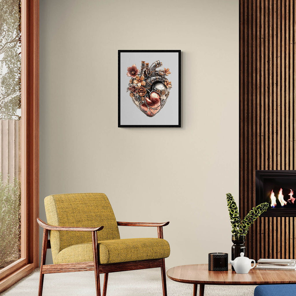 Framed 3D Mechanical Heart Wooden Jigsaw Puzzle art in stylish living room with green chair and modern decor.