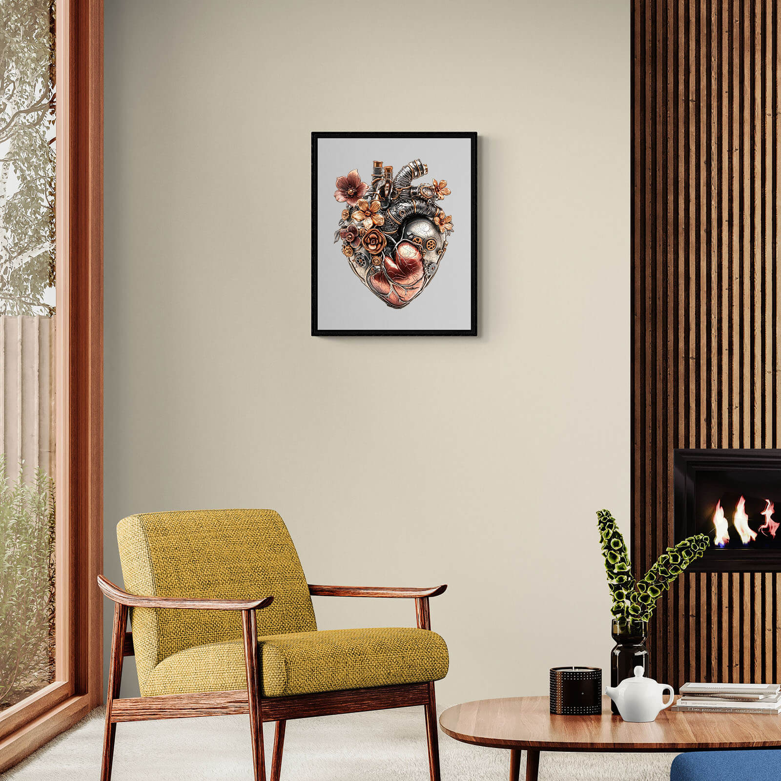 Framed 3D Mechanical Heart Wooden Jigsaw Puzzle art in stylish living room with green chair and modern decor.