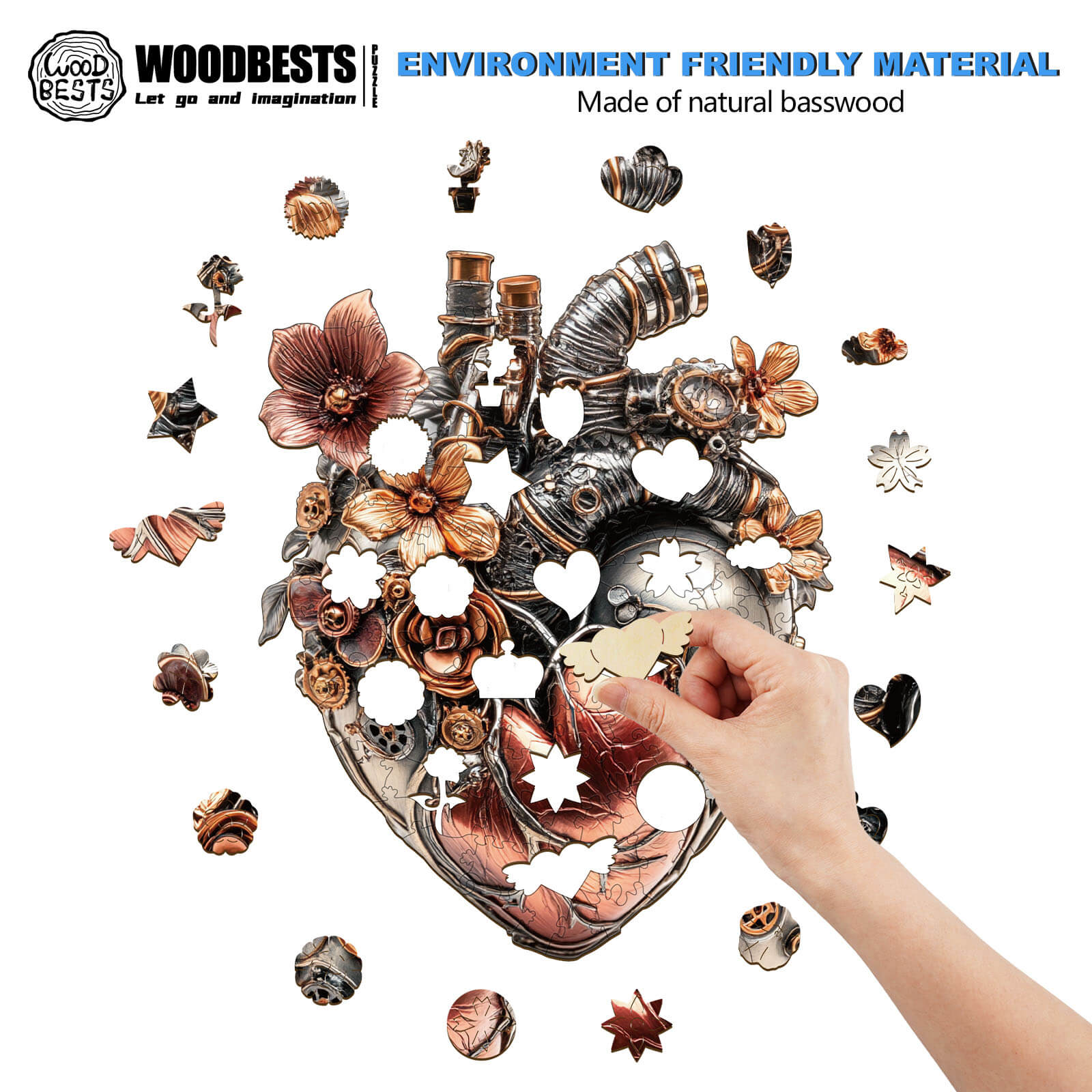 Hand assembling the 3D Mechanical Heart Wooden Jigsaw Puzzle made from eco-friendly natural basswood.