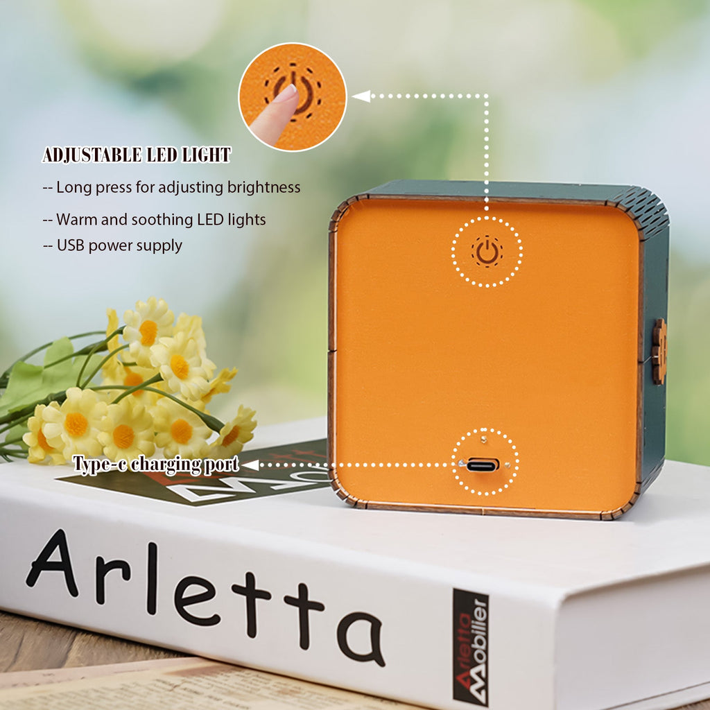Adjustable LED light wooden square night light with USB power supply and Type-C charging port.