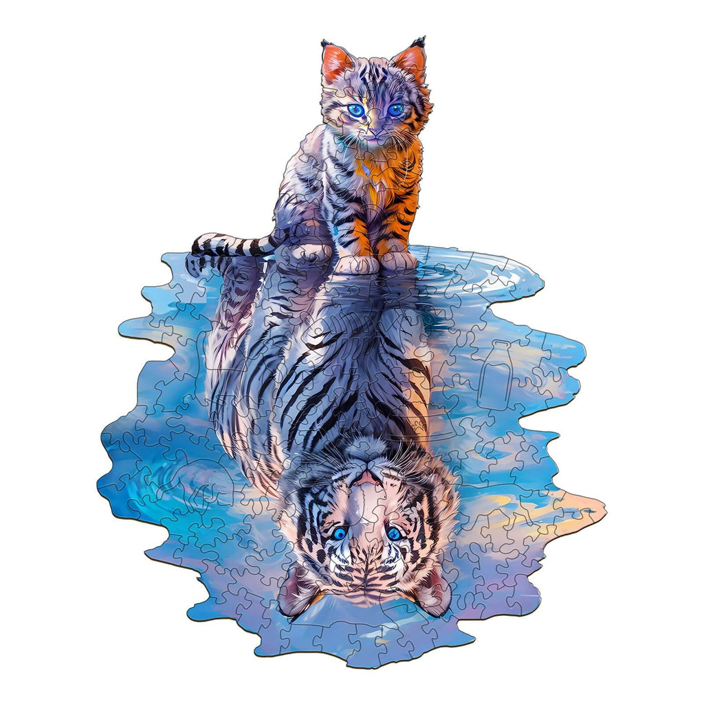Wooden jigsaw puzzle featuring a vibrant cat and a tiger reflecting in water, promoting focus and cognitive skills.
