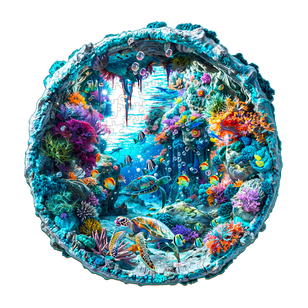 Vibrant 3D Seabed Wooden Jigsaw Puzzle featuring colorful fish and coral in an underwater scene.