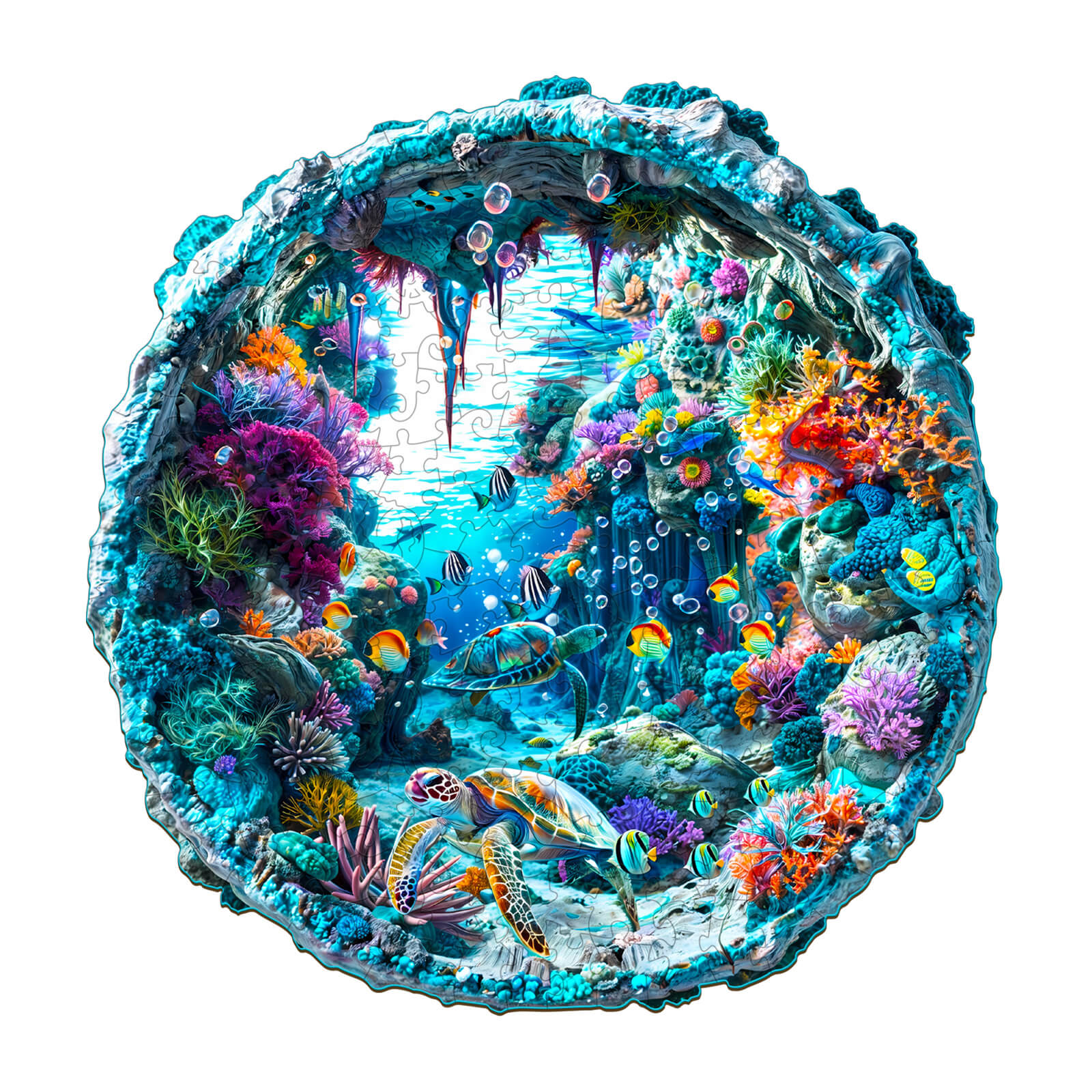 Vibrant 3D Seabed Wooden Jigsaw Puzzle featuring colorful fish and coral in an underwater scene.