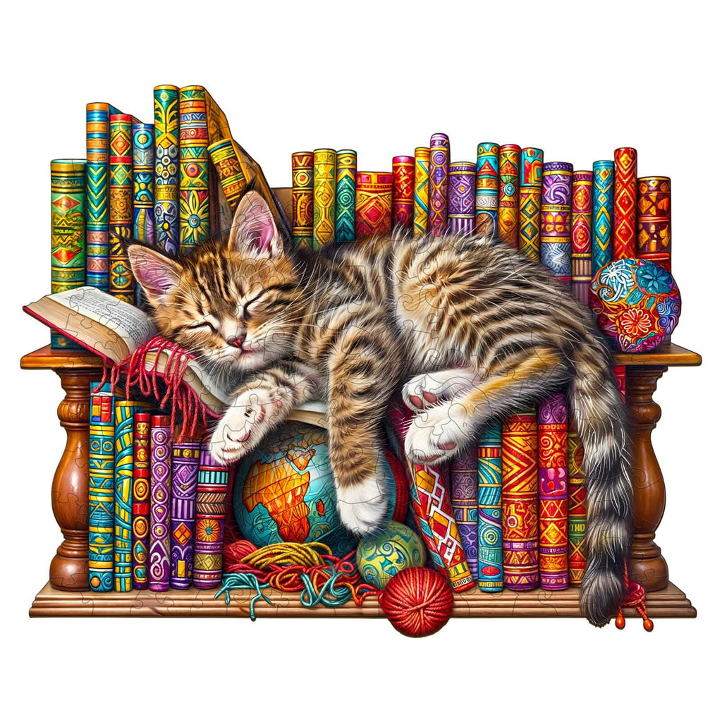 Colorful wooden jigsaw puzzle featuring a sleeping cat surrounded by vibrant books and decorative objects.
