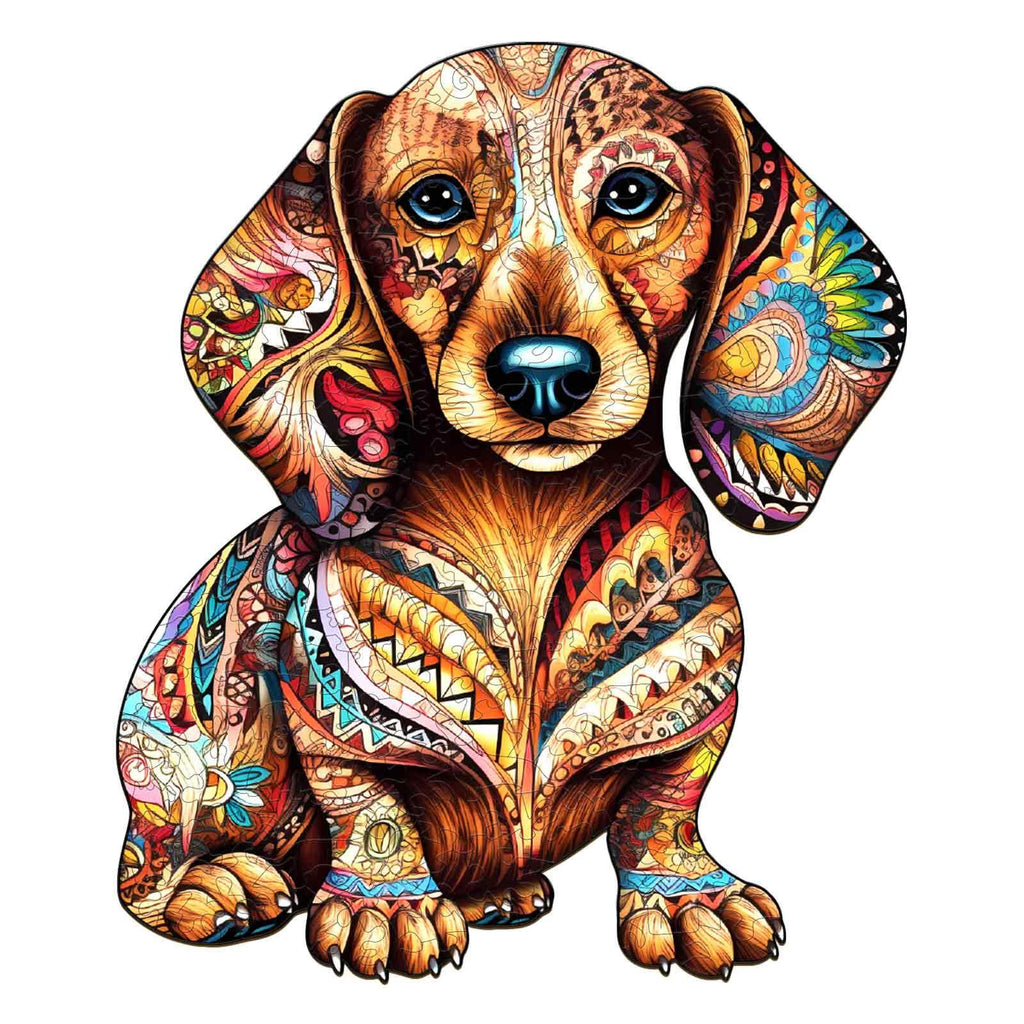 Colorful dachshund illustration with intricate patterns and vibrant details, showcasing a unique art style.
