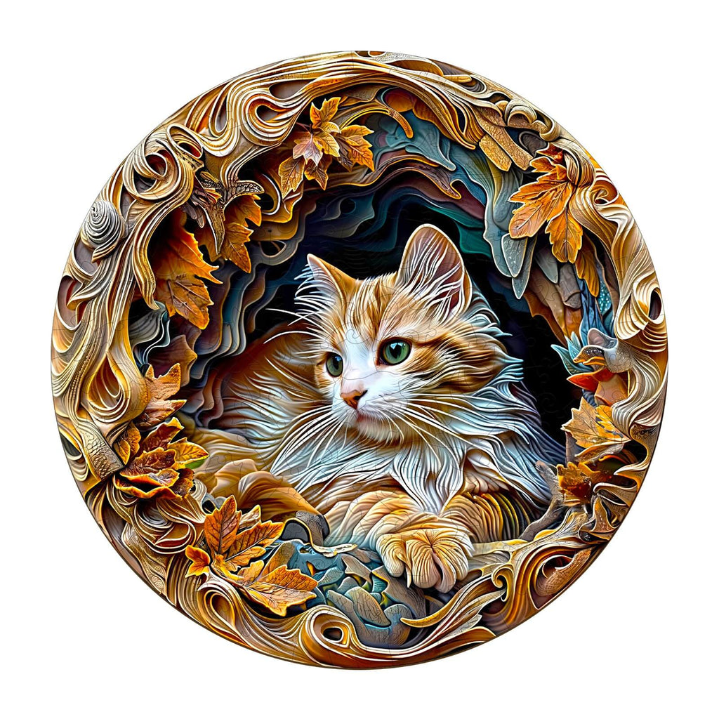 3D wooden cat jigsaw puzzle featuring a beautifully crafted cat surrounded by autumn leaves, designed for puzzle enthusiasts.