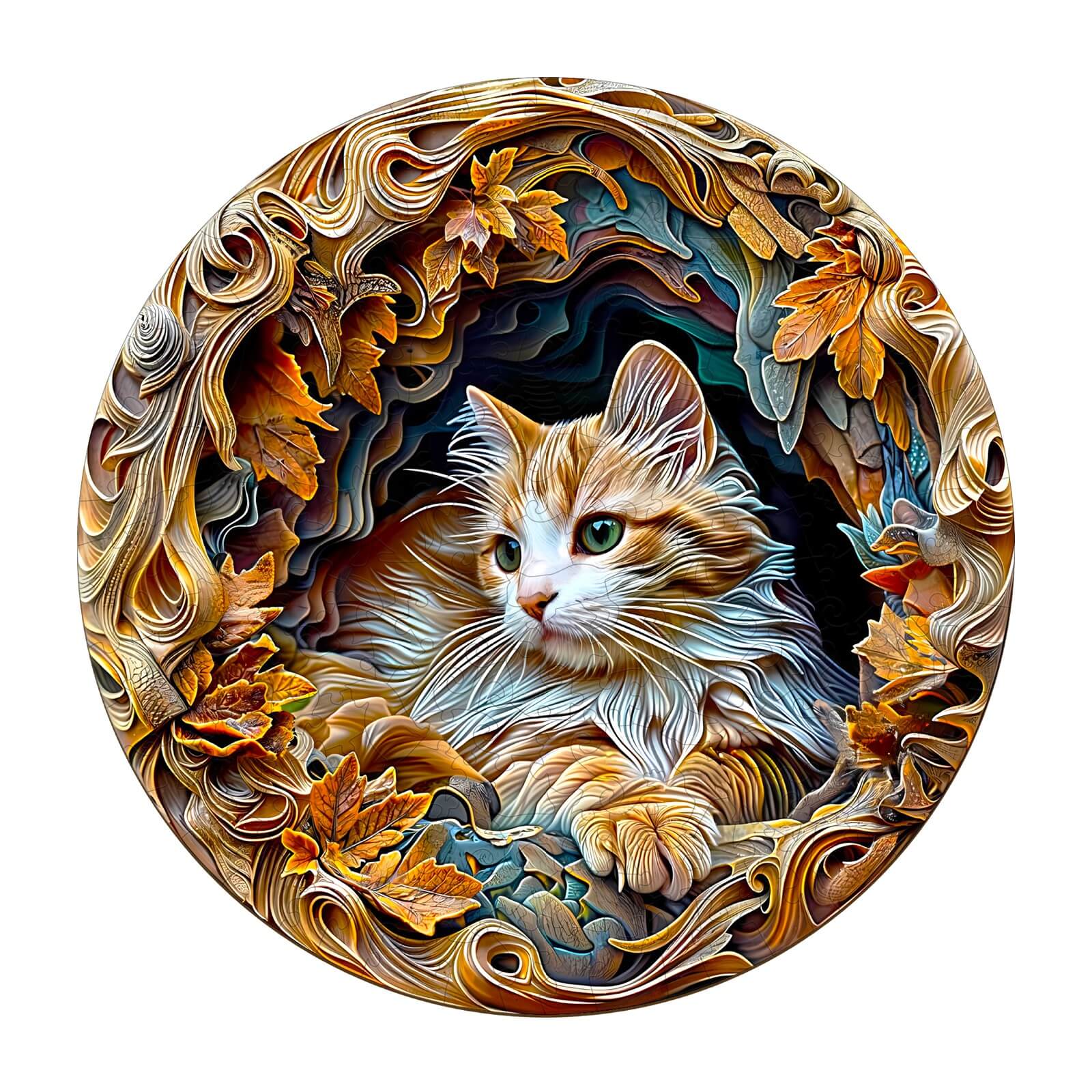 3D wooden cat jigsaw puzzle featuring a beautifully crafted cat surrounded by autumn leaves, designed for puzzle enthusiasts.
