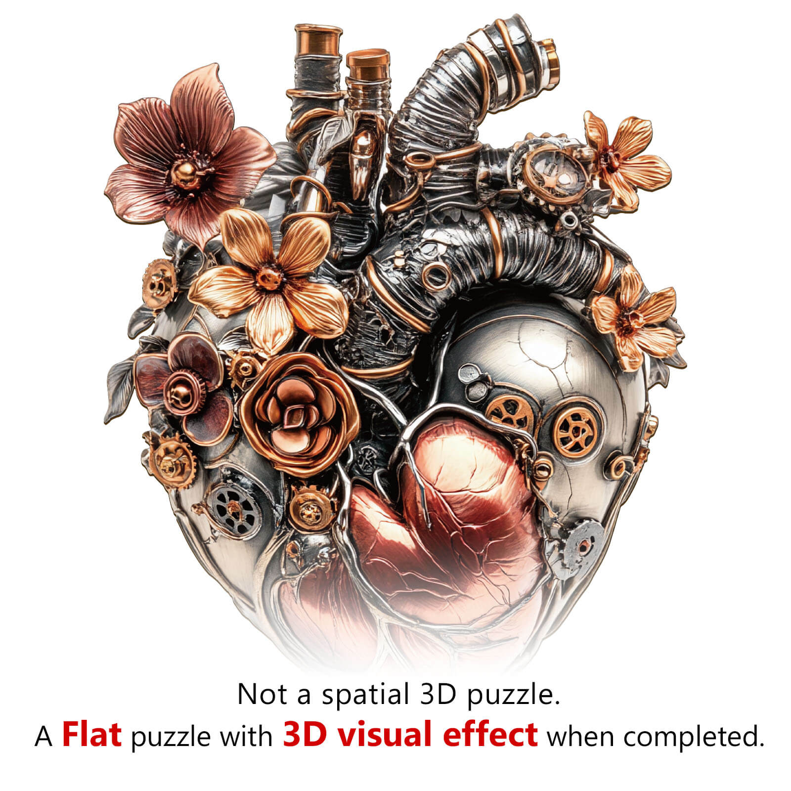 3D Mechanical Heart Wooden Jigsaw Puzzle with intricate floral design and gears, showcasing a unique 3D visual effect.
