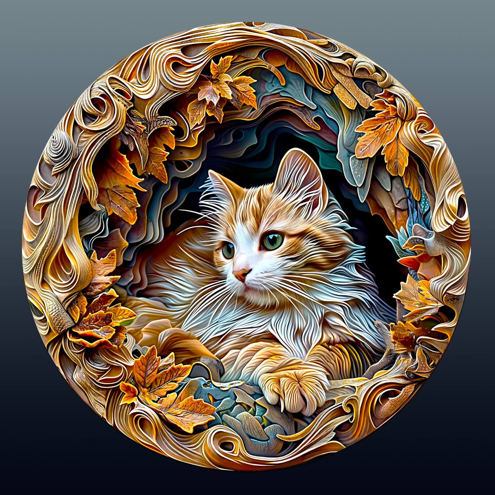 3D cat wooden jigsaw puzzle featuring a detailed cat design surrounded by vibrant leaves and swirls.