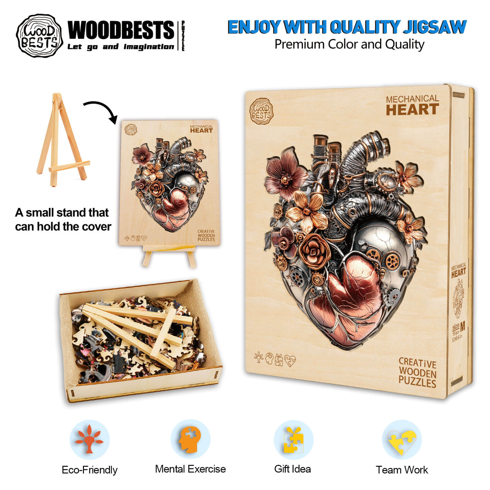 3D Mechanical Heart Wooden Jigsaw Puzzle kit showing pieces, cover design, and display stand for creative play.