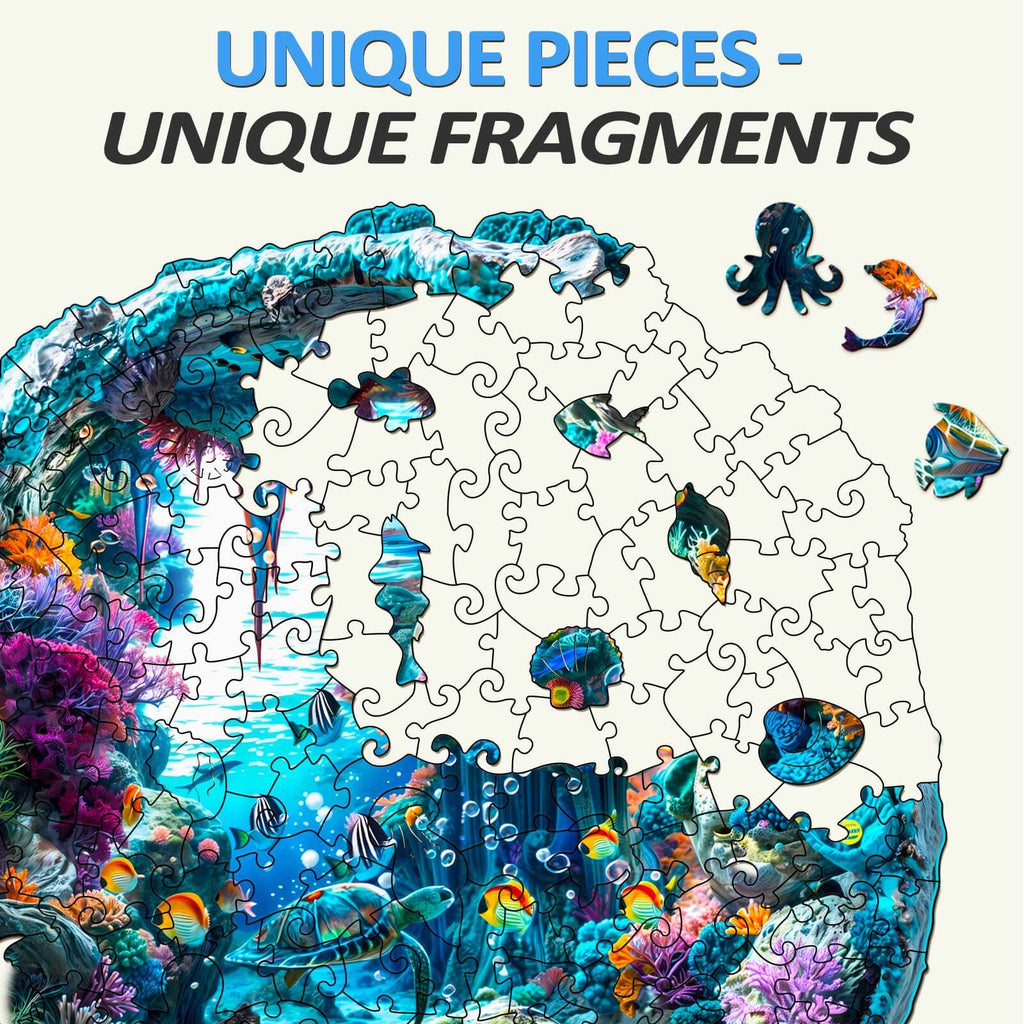 3D seabed wooden jigsaw puzzle showcasing unique and colorful underwater life pieces.