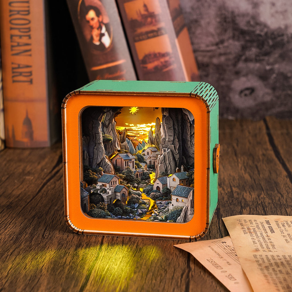 Valley Village Kit 3D wooden puzzle night light showcasing a picturesque illuminated village scene.