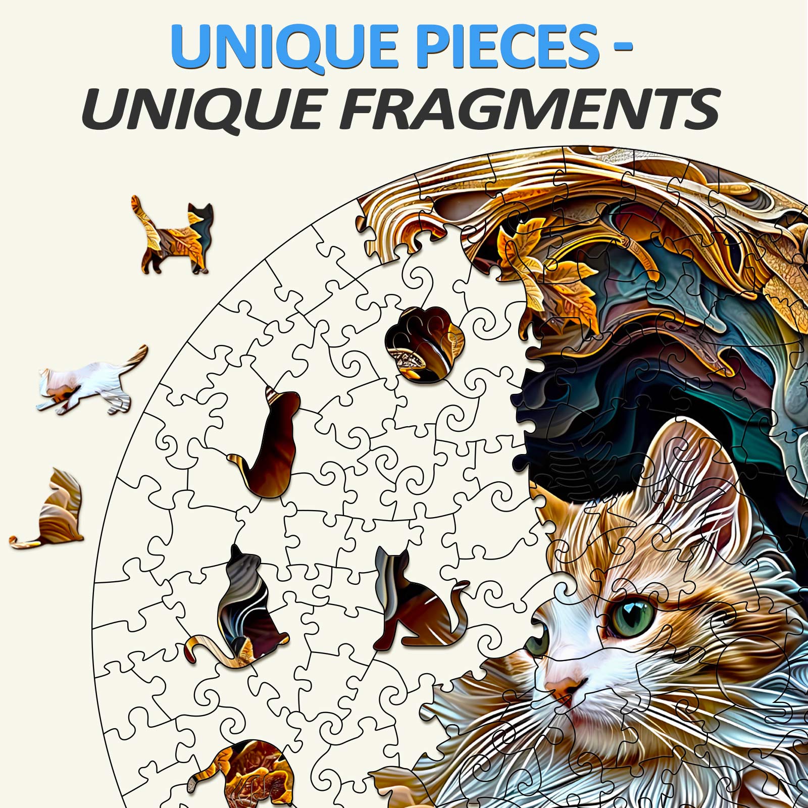 Close-up of a 3D Cat wooden jigsaw puzzle showcasing unique puzzle pieces and a colorful cat design.