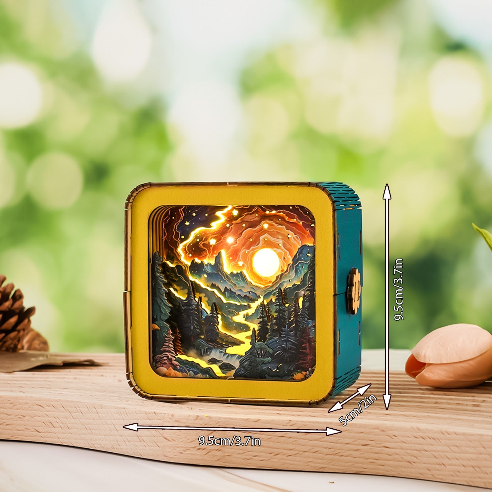 3D wooden puzzle night light featuring a golden river and forest scene, with dimensions 9.5cm x 9.5cm x 5cm on a wood surface.