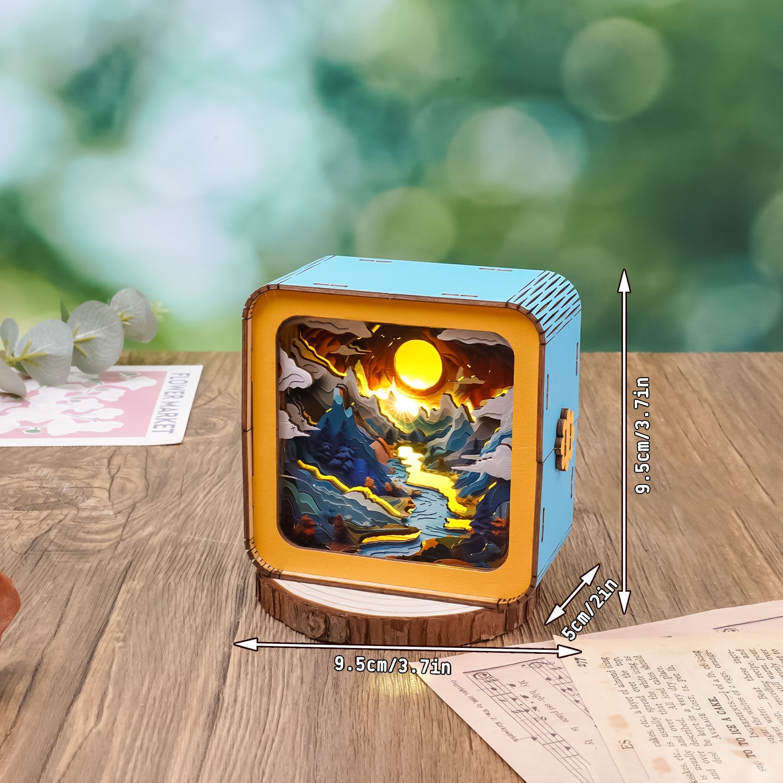 Moonlit Mountain Kit 3D wooden puzzle night light showcasing a serene mountain landscape with a glowing sun.