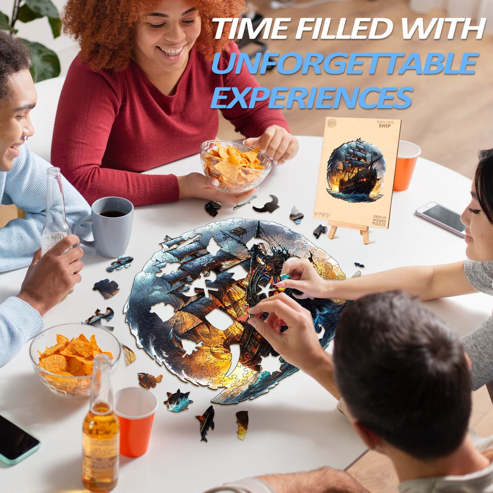 Group of friends enjoying a wooden jigsaw puzzle of a sailing ship, surrounded by snacks and drinks, sharing memorable moments.