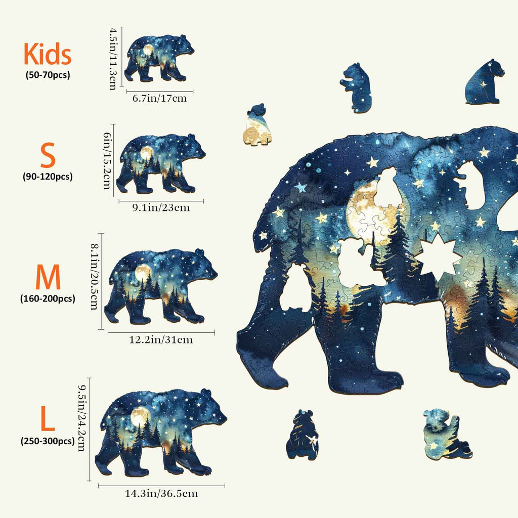 Astral Bear Wooden Jigsaw Puzzle sizes and piece counts for kids and adults, showcasing detailed bear design and starry theme.