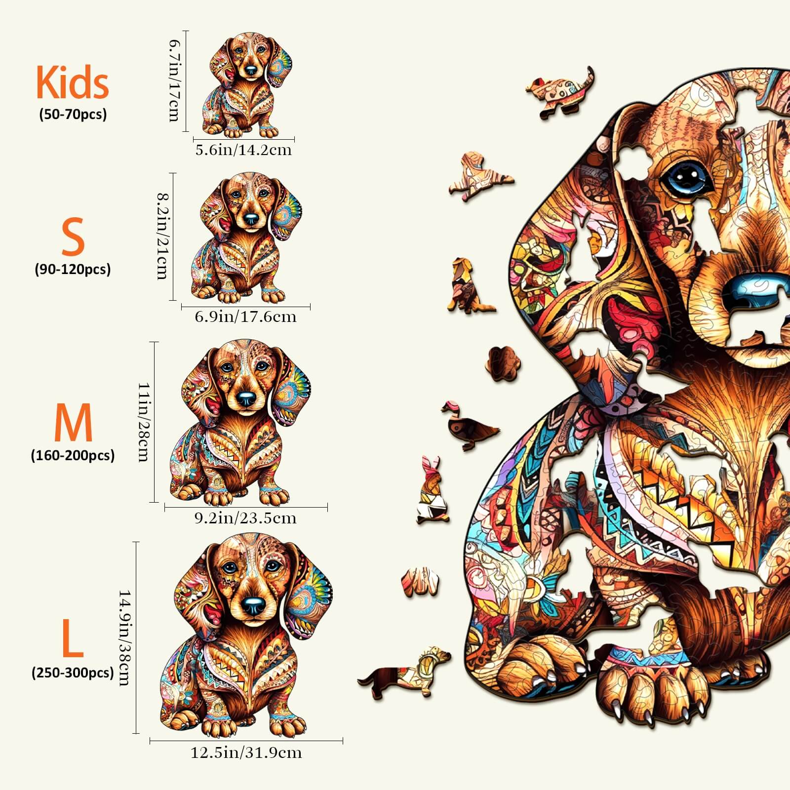 Dachshund-3 Wooden Jigsaw Puzzle with unique-shaped pieces, vibrant colors, and four size options for kids and adults.