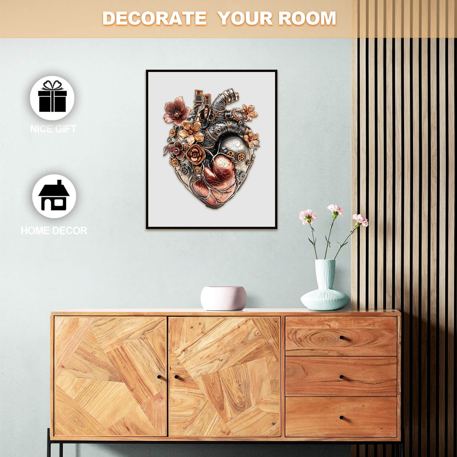 3D Mechanical Heart wooden jigsaw puzzle displayed in a stylish home decor setting.