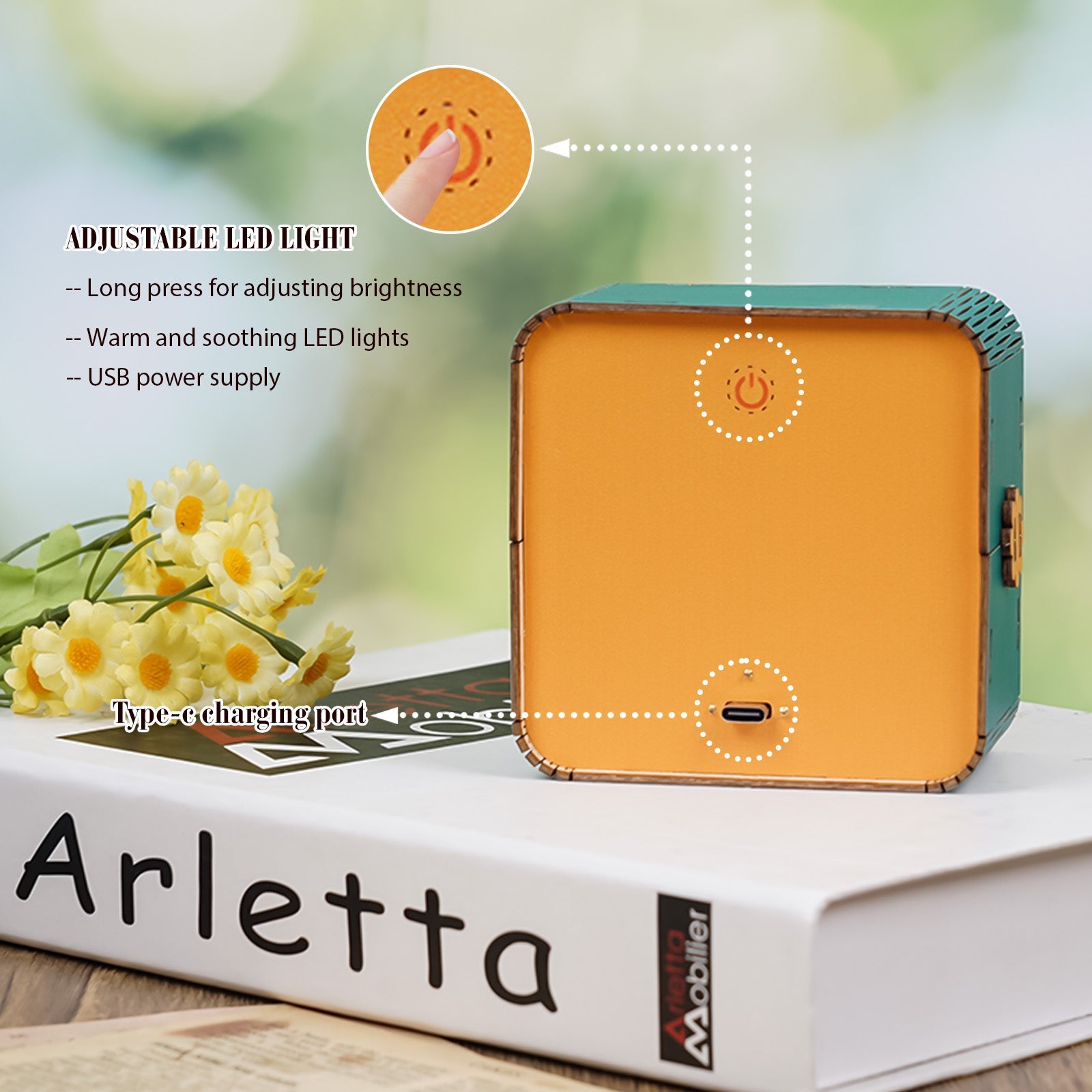 Adjustable LED light cube with USB power supply and Type-C port for customizable brightness.