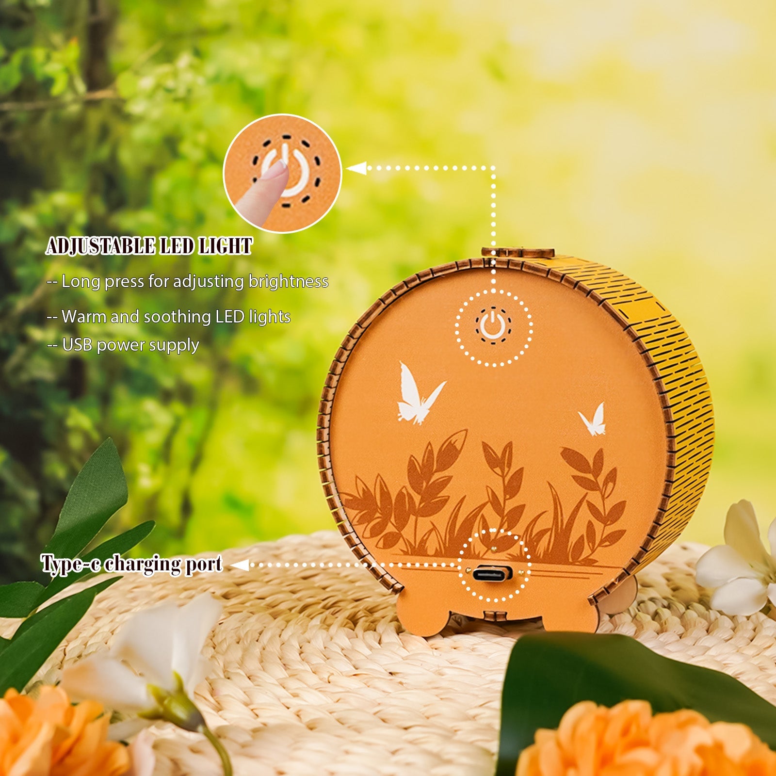 Adjustable LED light night lamp with USB charging, featuring a floral design and brightness control.