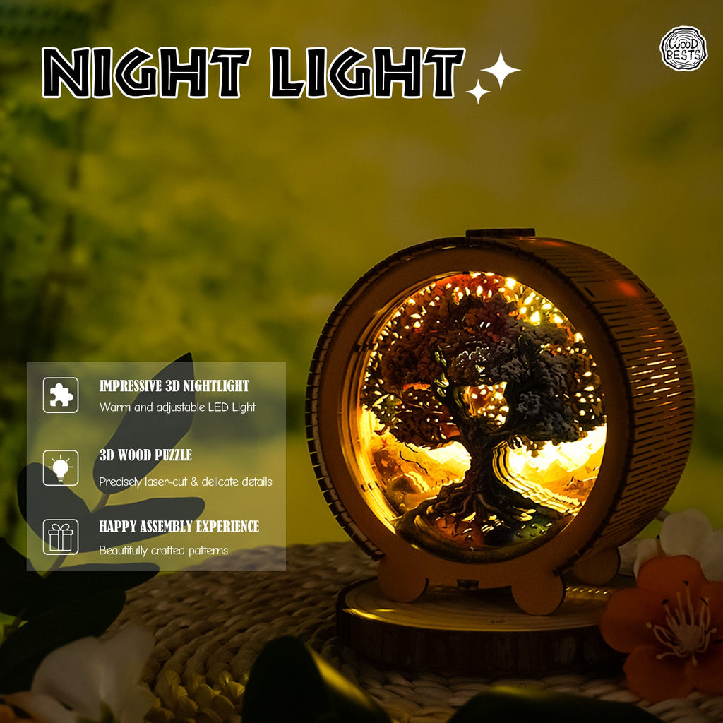 3D wooden puzzle night light featuring a detailed tree design, warm LED glow, and beautifully crafted patterns.