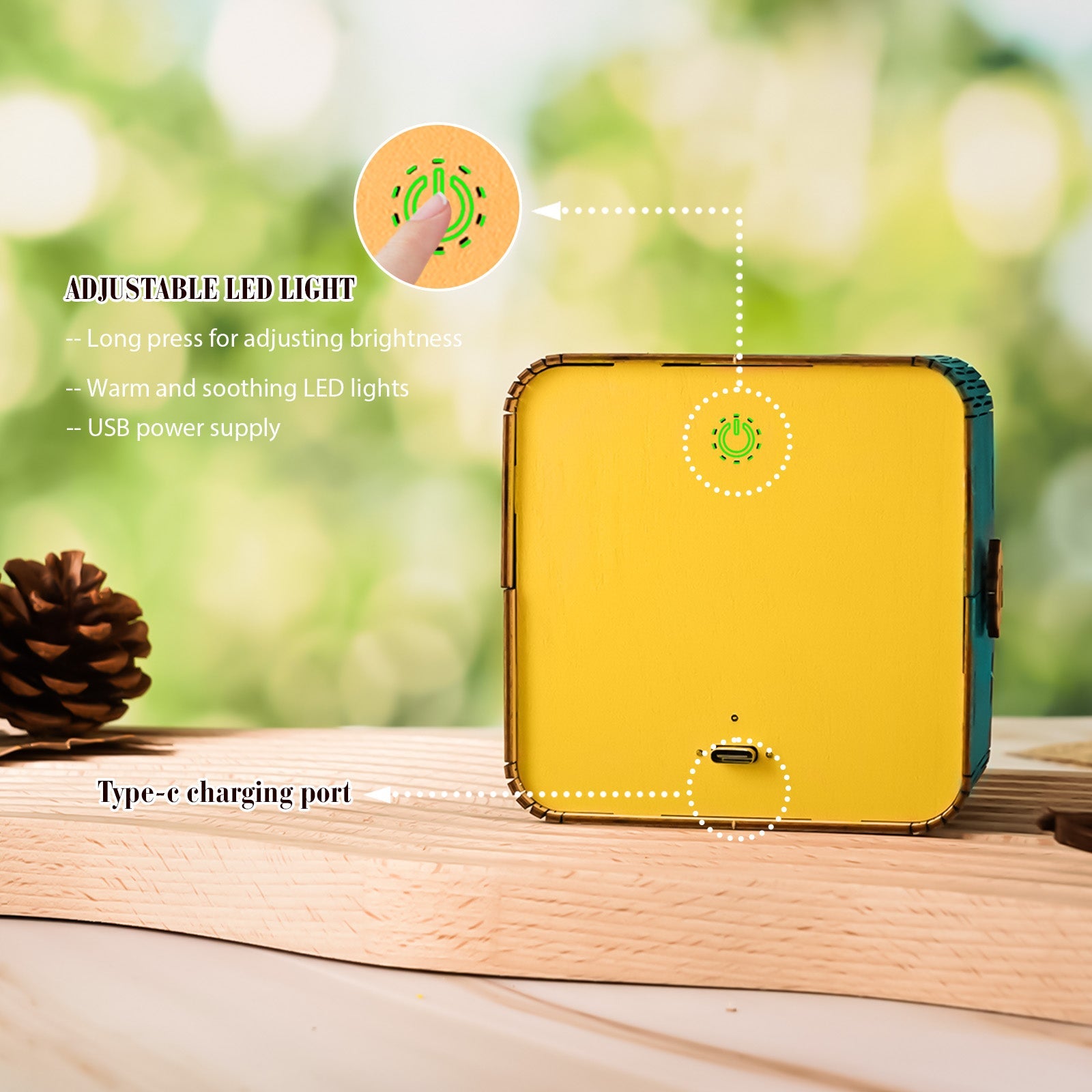 Adjustable LED light night light with USB power supply and Type-C charging port, featuring a warm glow and brightness control.