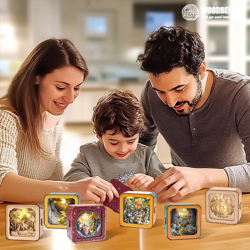 Family enjoying the Warm Christmas Eve Kit 3D wooden puzzle night light together at home.