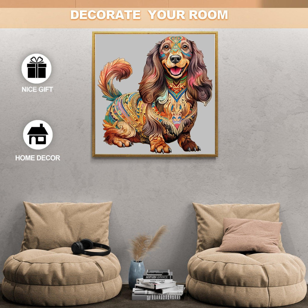 Colorful Long-haired Dachshund wall art, perfect for home decor and a unique gift to decorate your space.