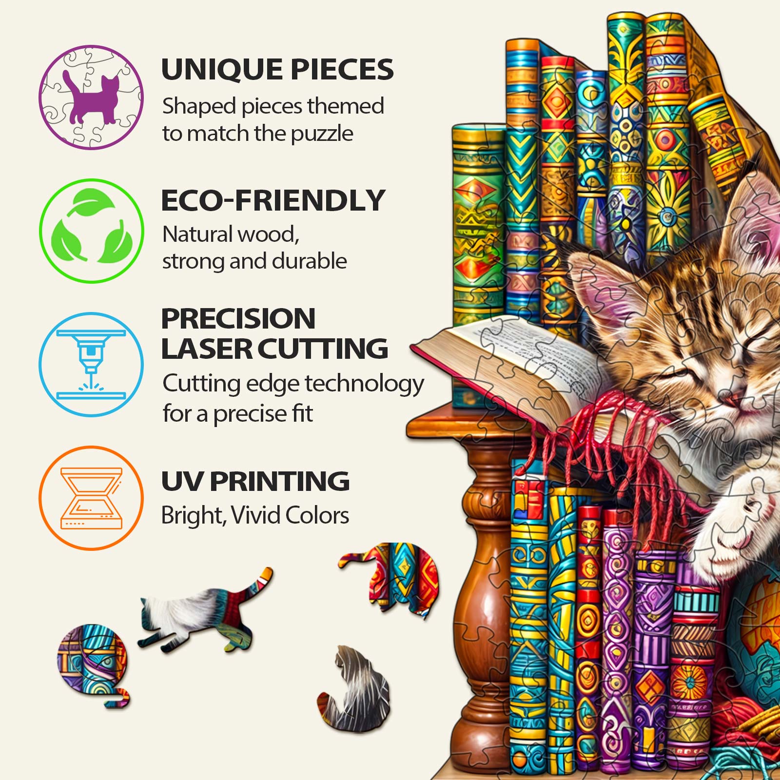 Dreamy Cat-Li Wooden Jigsaw Puzzle features unique pieces, eco-friendly materials, precision laser cutting, and UV printing.