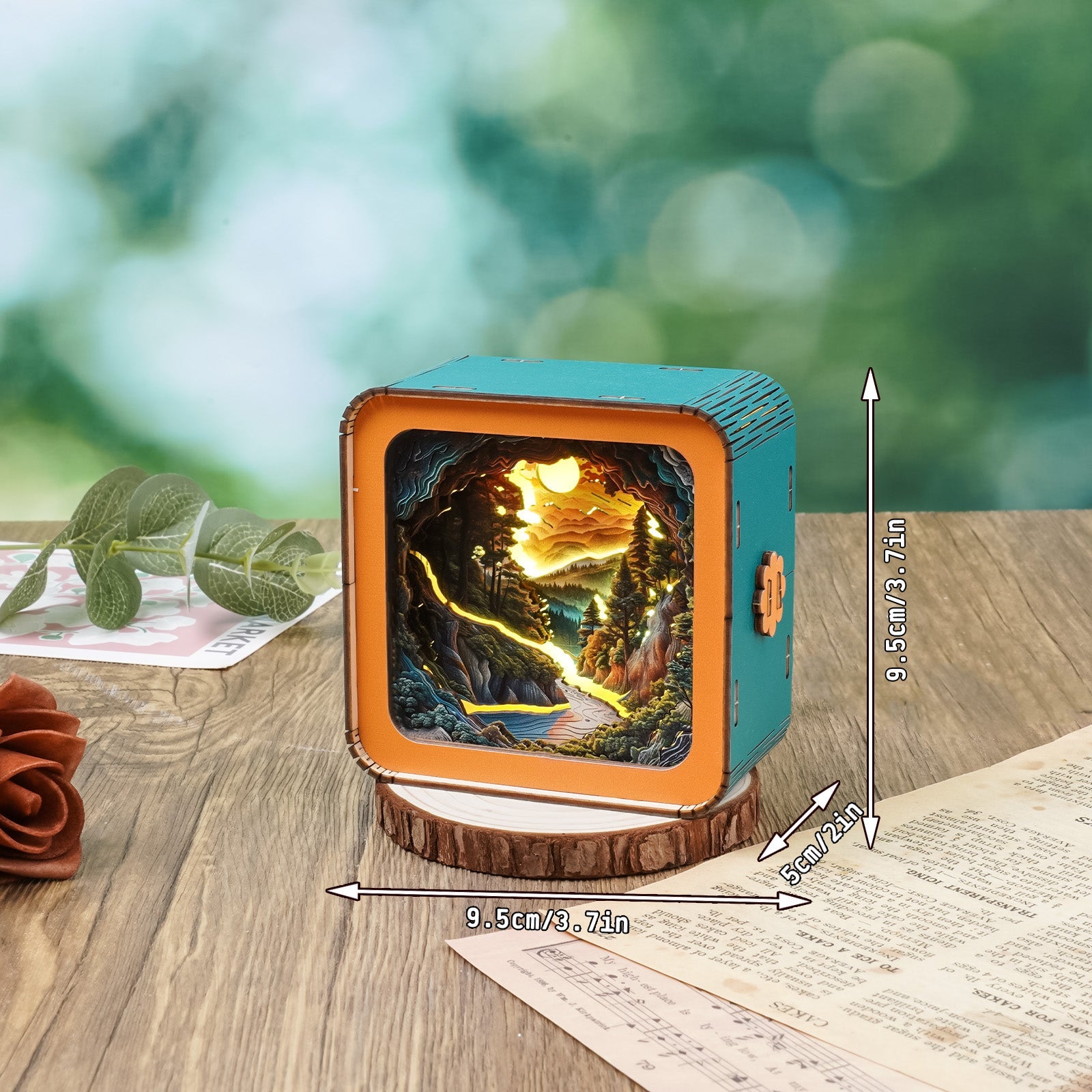 Colorful 3D wooden puzzle night light featuring a scenic sunset wilderness path, dimensions are 9.5cm x 9.5cm x 5cm.