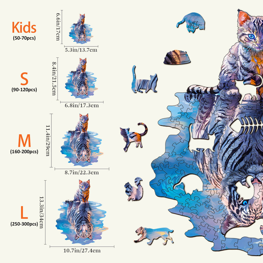 Cat Tiger Wooden Jigsaw Puzzle sizes for Kids, S, M, and L; enhances focus and cognitive skills through puzzle solving.