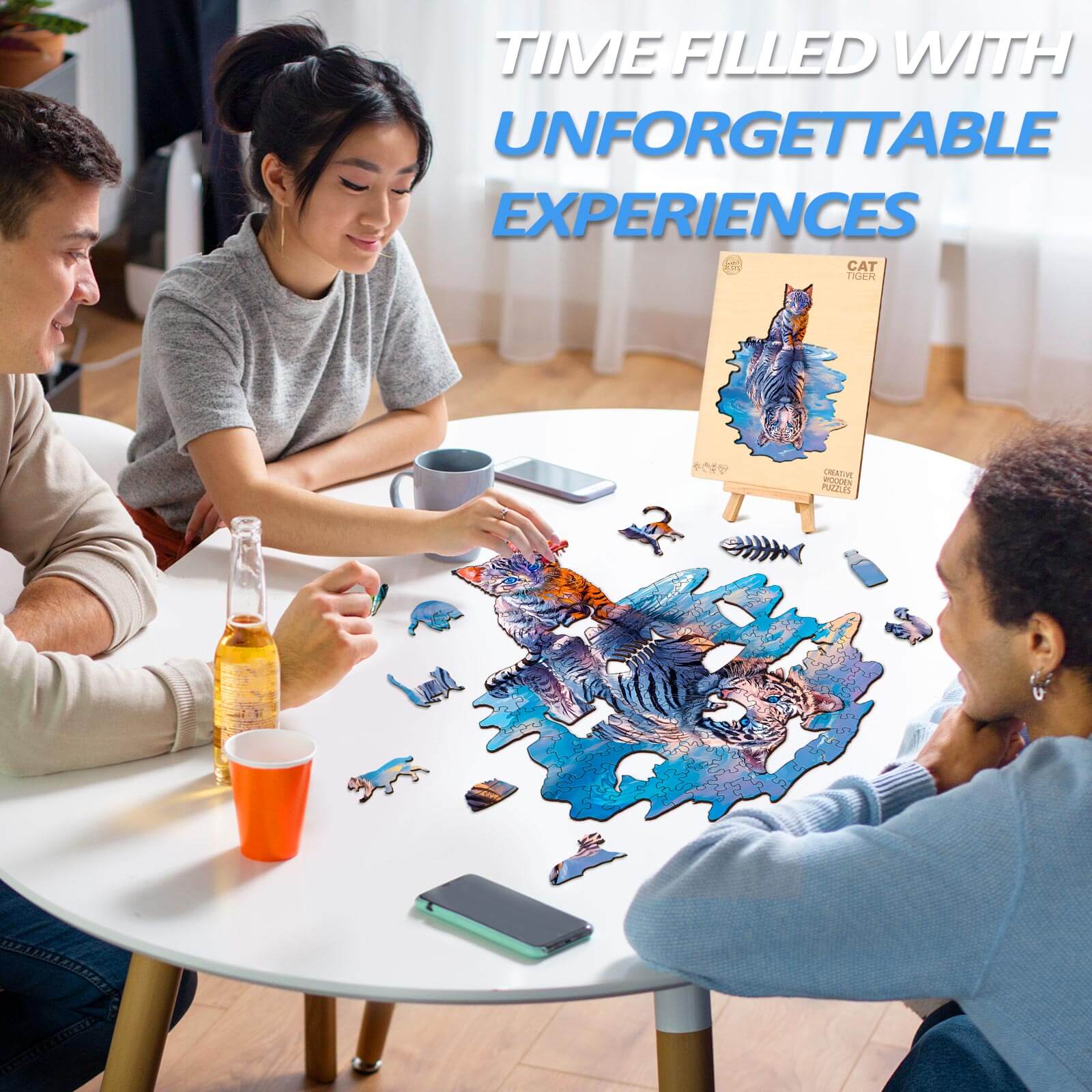 Group of friends solving a Cat Tiger wooden jigsaw puzzle together, enjoying unforgettable experiences.
