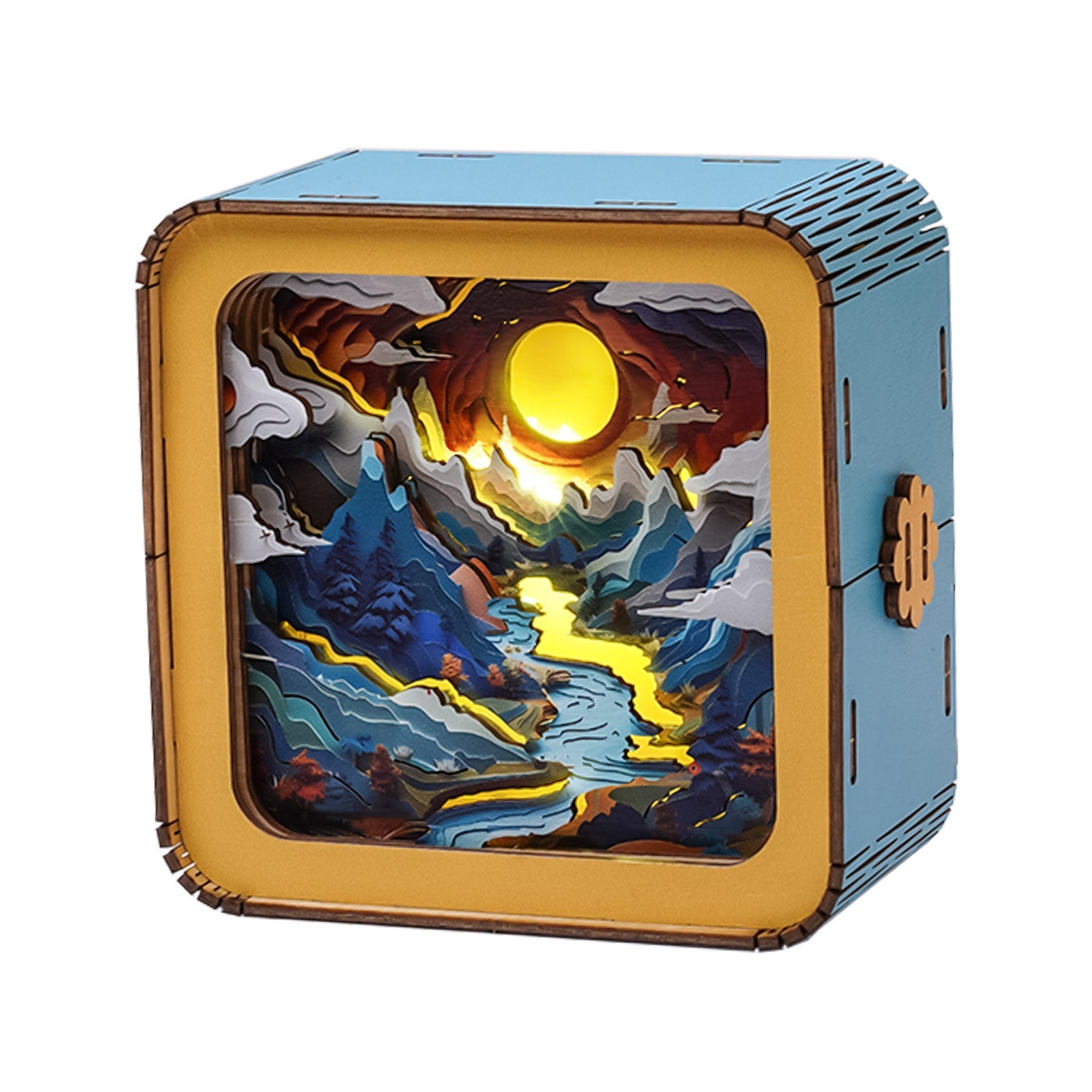 3D wooden puzzle night light showcasing a mountain landscape with a glowing sun and river, perfect for home decor.