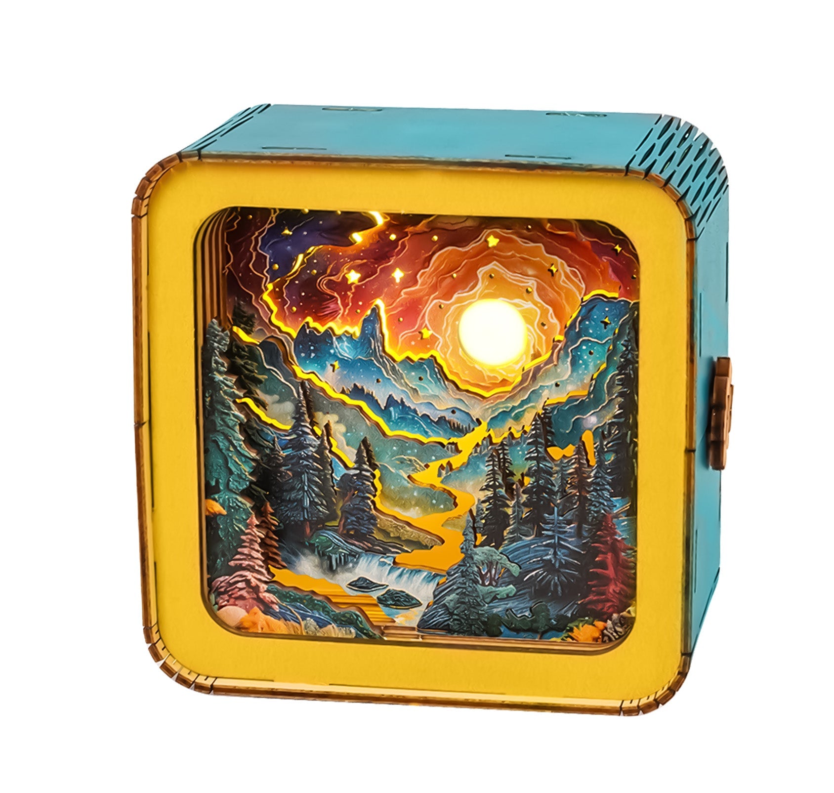 3D wooden puzzle night light featuring a vibrant sunset over a forested river landscape.