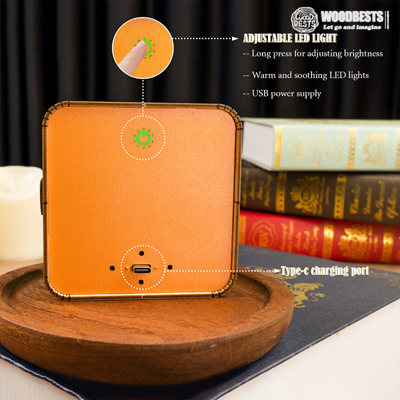 Close-up of warm LED night light features, showing adjustable brightness and Type-C charging port on wooden base.