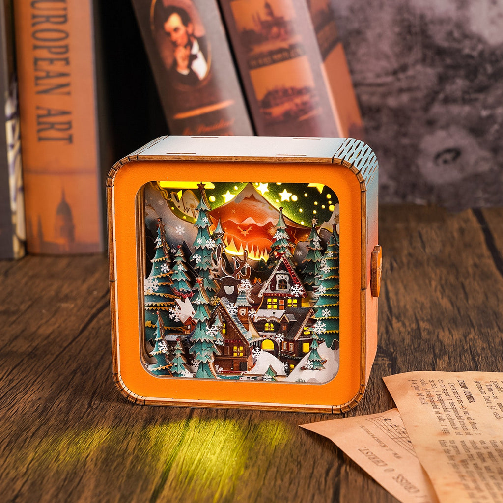 Warm Christmas Eve Kit 3D wooden puzzle night light featuring a cozy snowy village scene.