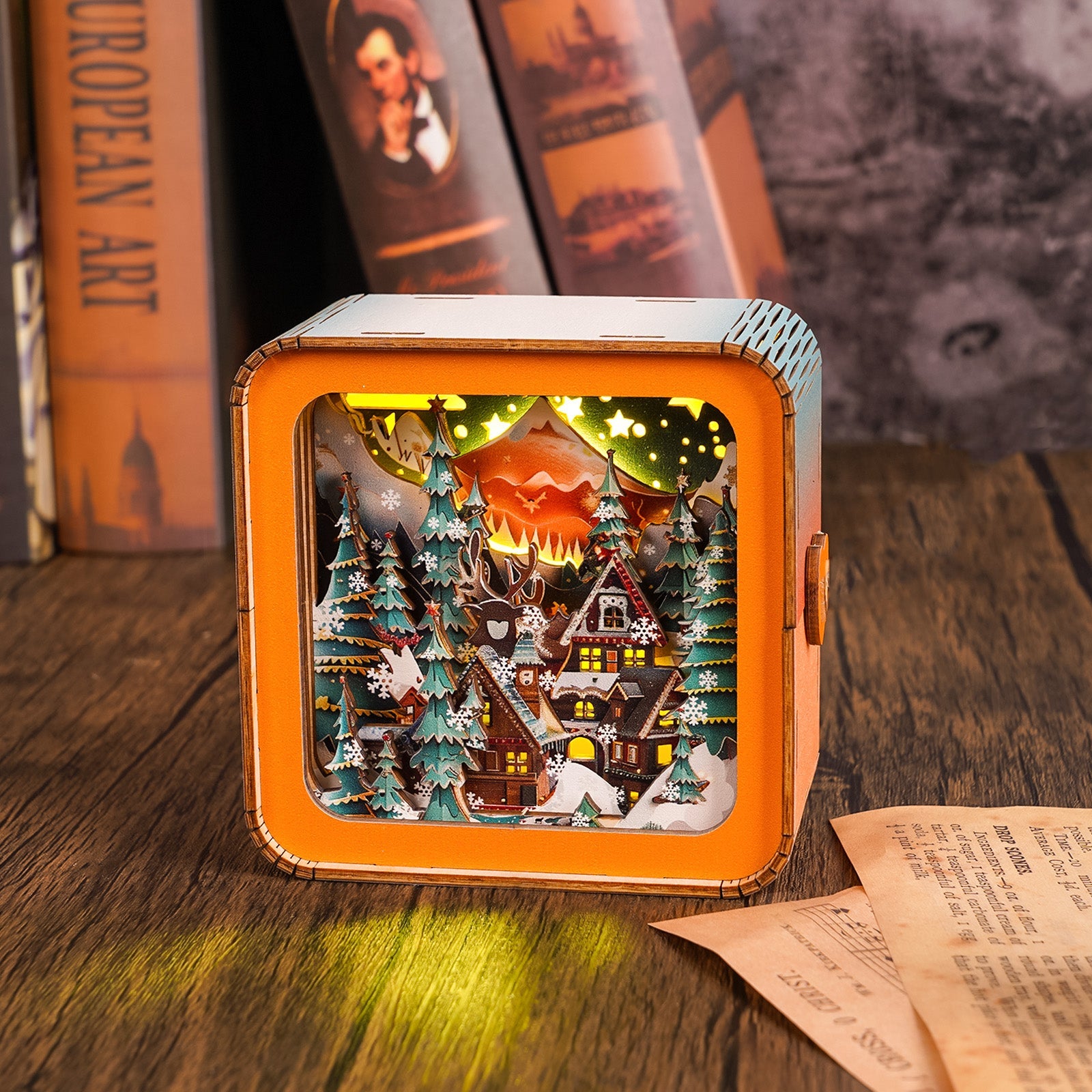 Warm Christmas Eve Kit 3D wooden puzzle night light featuring a cozy snowy village scene.