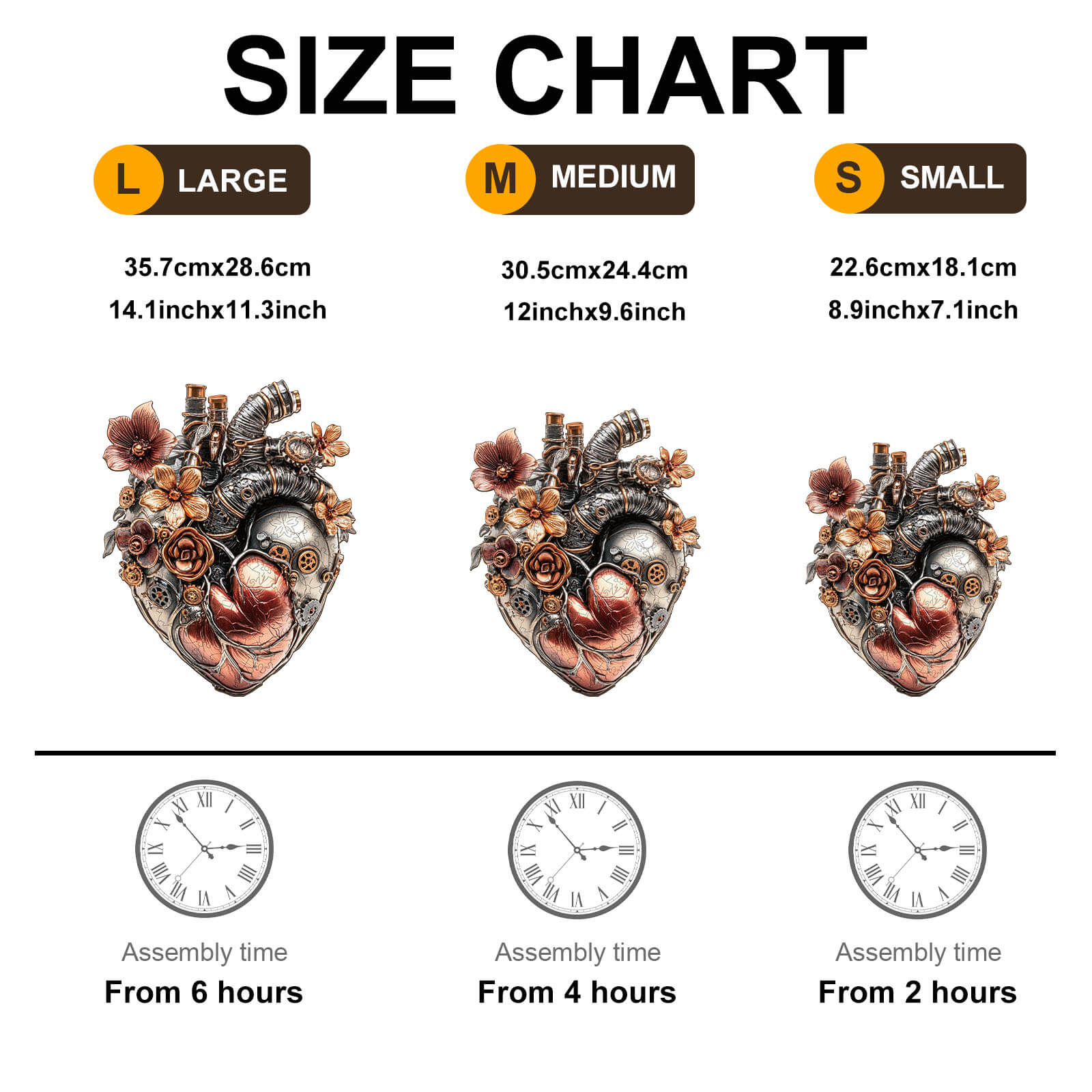 Size chart for 3D Mechanical Heart Wooden Jigsaw Puzzle, showing dimensions for large, medium, and small sizes.