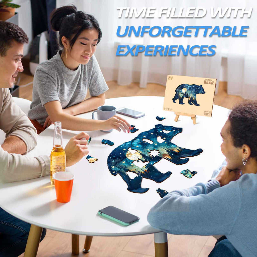 Group of friends enjoying the Astral Bear wooden jigsaw puzzle, promoting focus and unforgettable experiences.