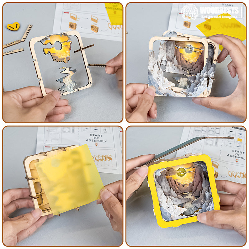 Person assembling a Long River Sunset 3D wooden puzzle night light with detailed layered scenery.
