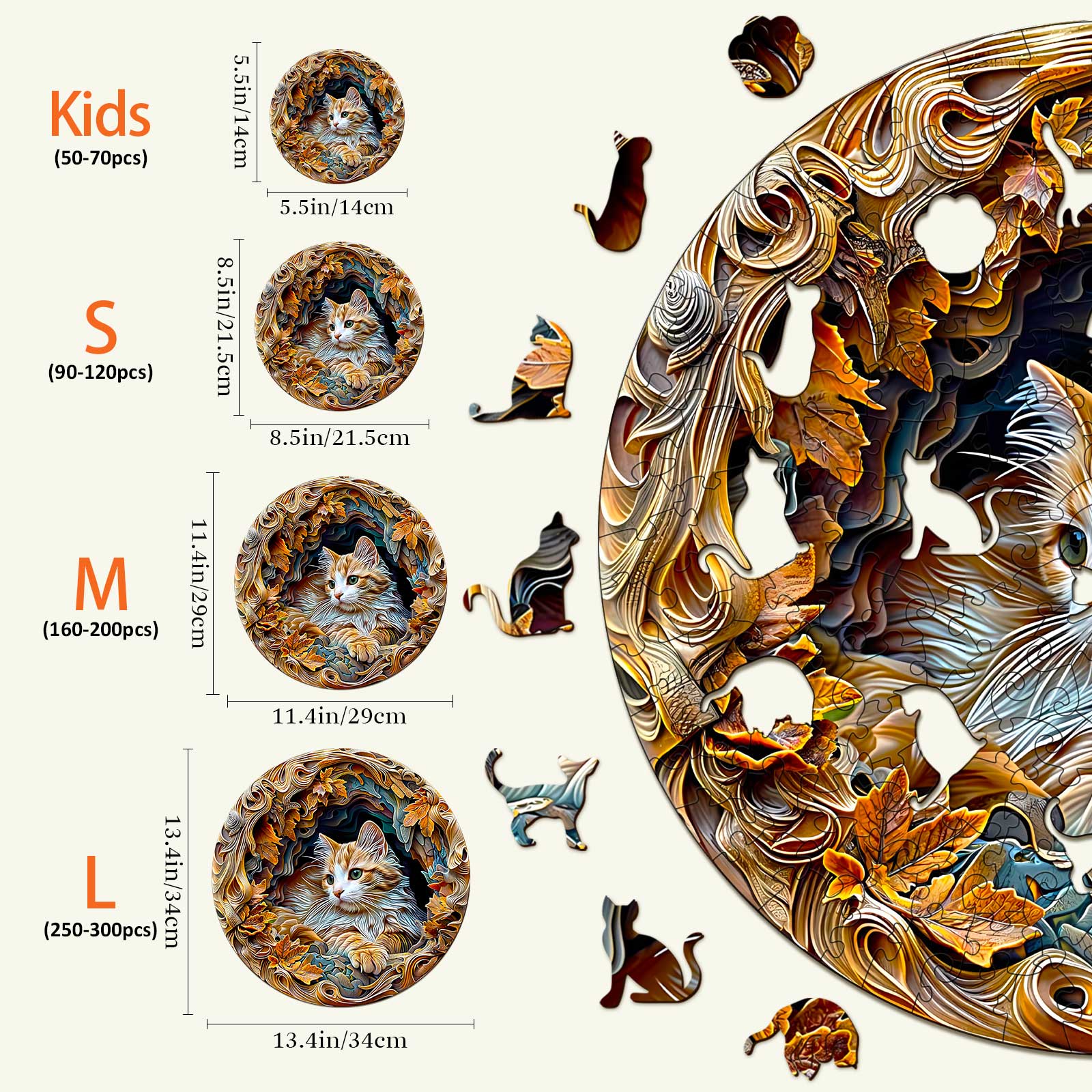 3D Cat Wooden Jigsaw Puzzle sizes for kids and adults; detailed puzzle pieces with cat and leaf designs.