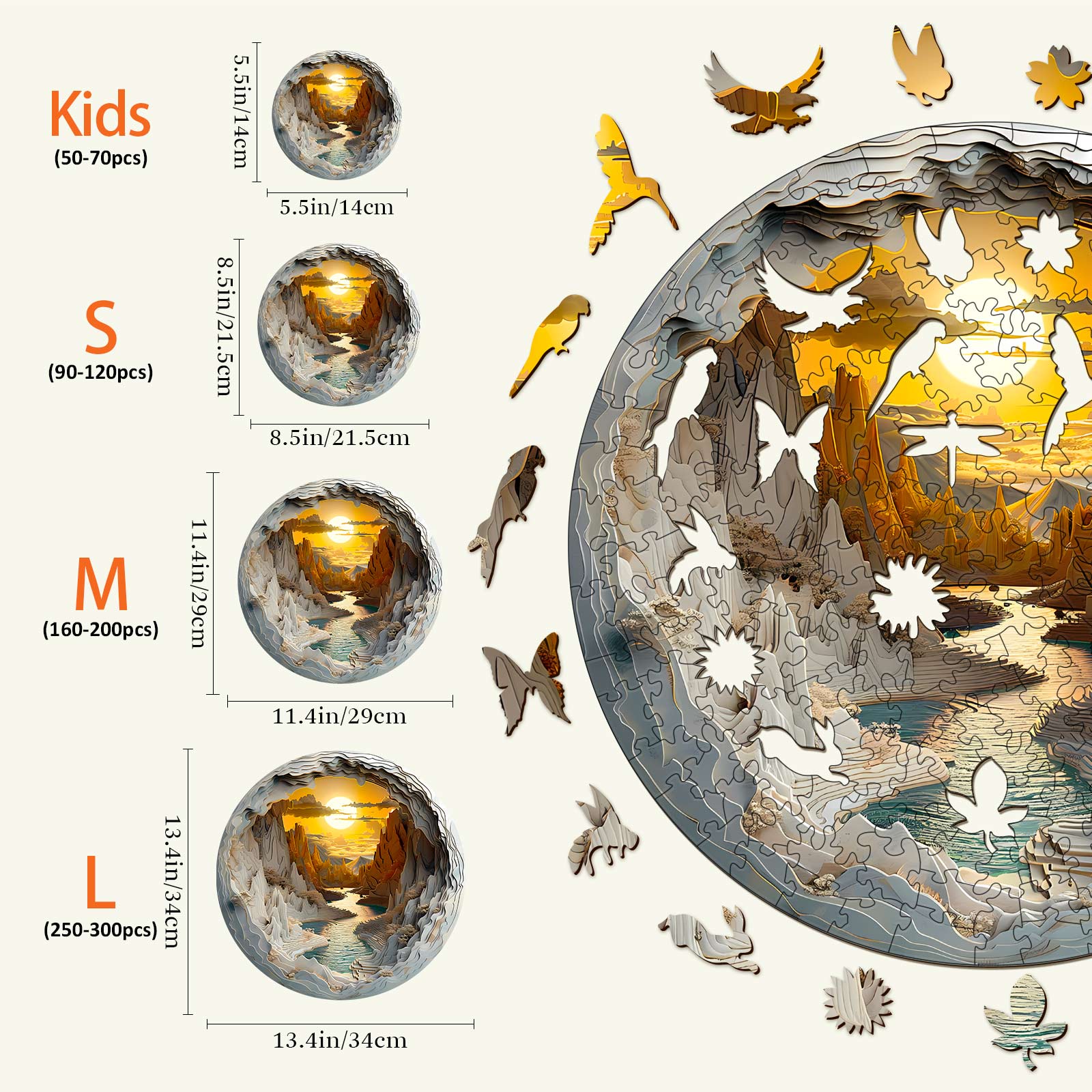 3D vision inside the cave-1 wooden jigsaw puzzle sizes for kids and adults, featuring S, M, and L options.