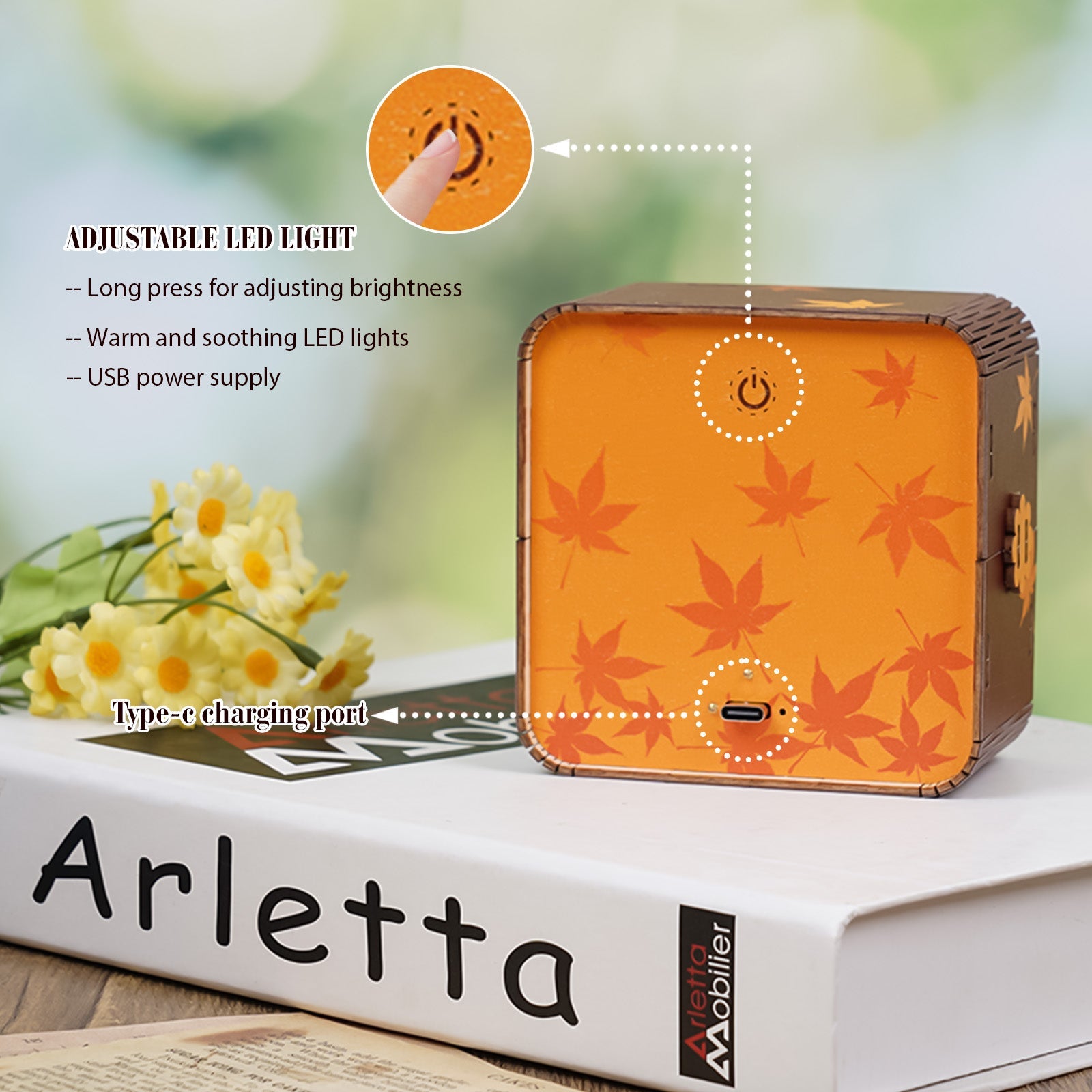 Wooden puzzle night light with adjustable LED, USB power supply, and Type-C charging port featuring an autumn leaf design.